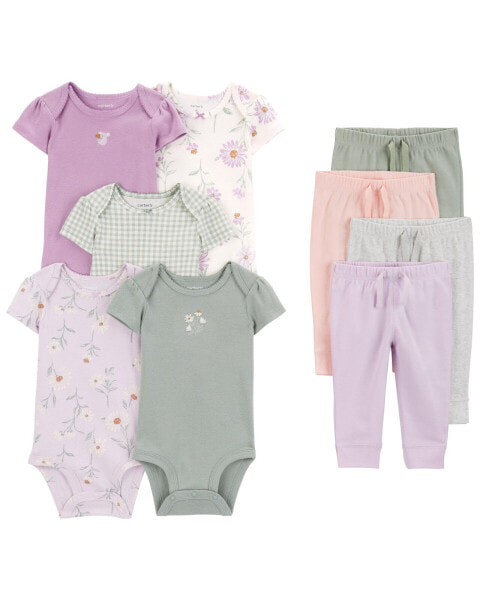 Baby 9-Piece Short-Sleeve Bodysuits & Pull-On Pants Set NB