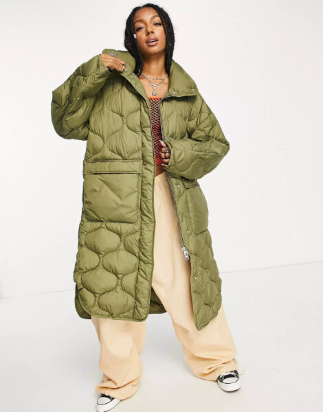 JJXX onion quilted longline coat in khaki