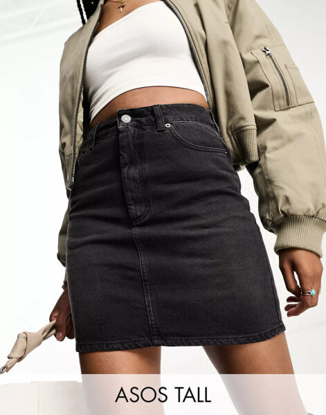 ASOS DESIGN Tall denim high waist mini skirt in black