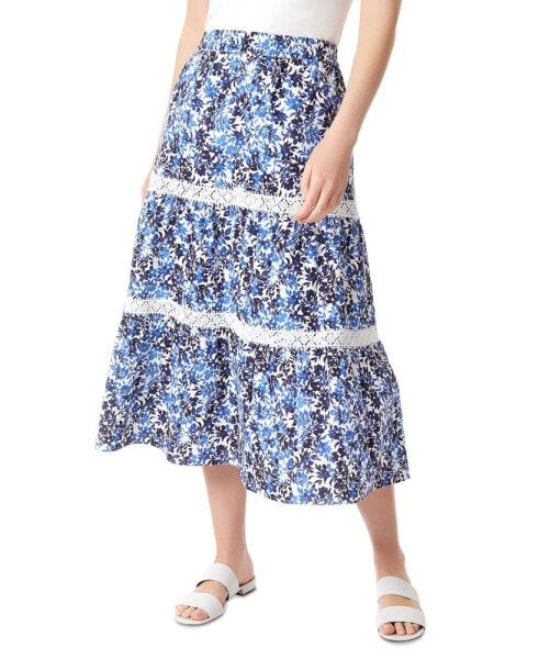 Women's Floral-Print Lace-Trimmed Tiered Pull-On Midi Skirt