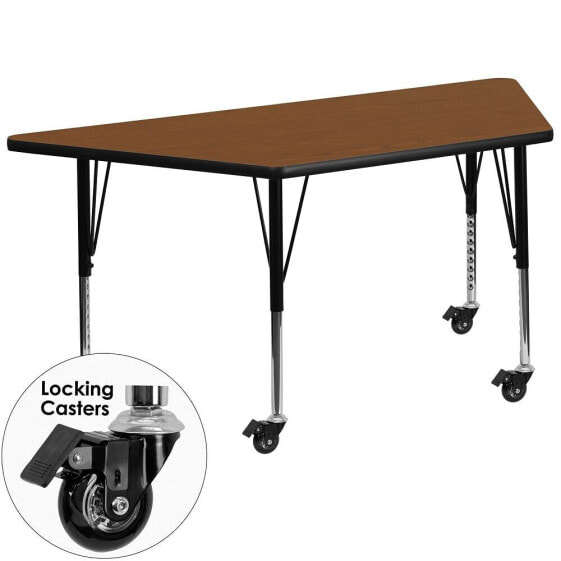 Mobile 29.5''W X 57.25''L Trapezoid Oak Hp Laminate Activity Table - Height Adjustable Short Legs