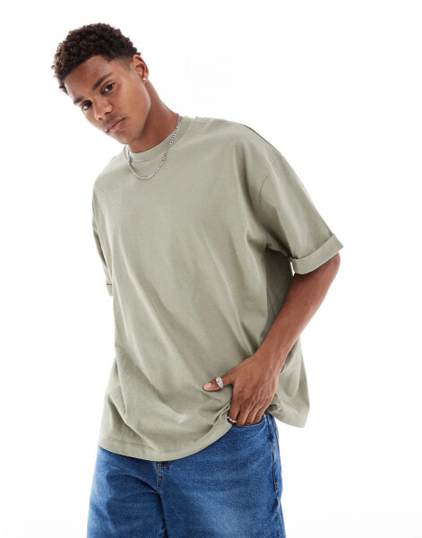 ASOS DESIGN heavyweight oversized t-shirt with roll sleeve in khaki