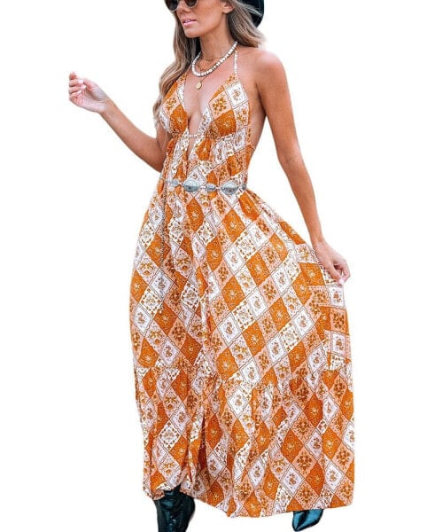 Women's Burnt Orange Boho Sleeveless Plunging Maxi Beach Dress