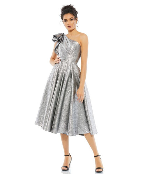 Women's Metallic Ruffled One Shoulder Fit & Flare Midi Dress