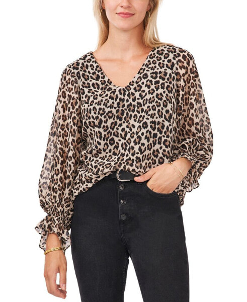 Women's Leopard Print Smocked Cuff Top