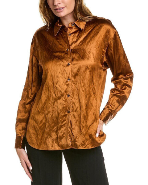 Lafayette 148 New York Crushed Satin Naomi Blouse Women's Brown Xxs