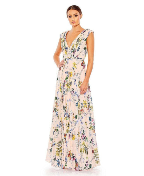 Women's Pleated Floral Cap Sleeve A Line Gown