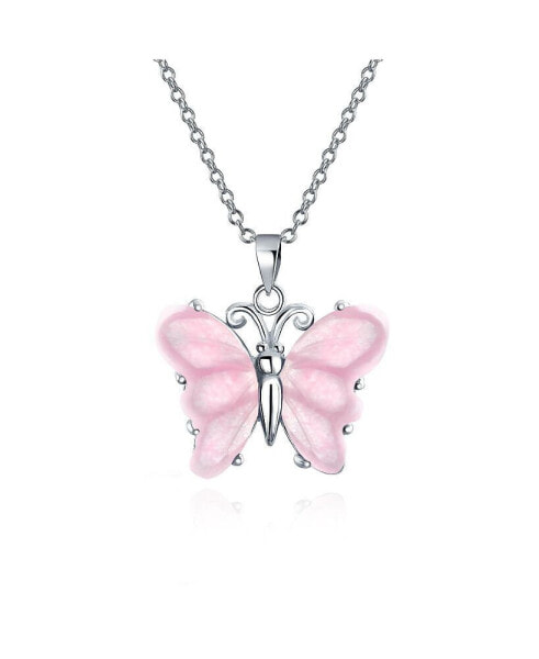 Handcrafted Carved Light Pink Natural Rose Quartz Translucent Garden Butterfly Pendant Necklace For Women Sterling Silver With Chain