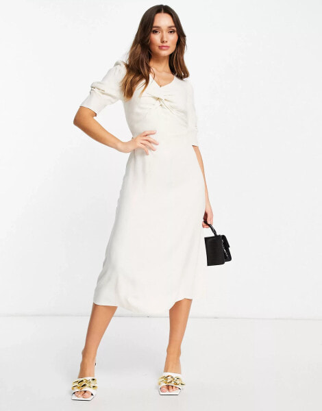 Closet London twist front puff sleeve midi dress in cream