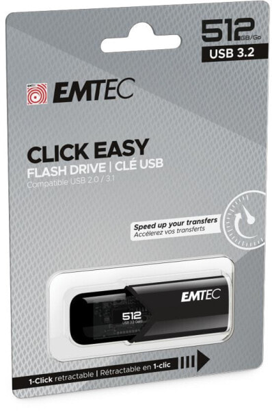 Флеш-накопитель EMTEC B110 Click Easy 3.2 - 512 ГБ - USB Type-A - 3.2 Gen 2 (3.1 Gen 2) - 20 МБ/с - Slide - Черный