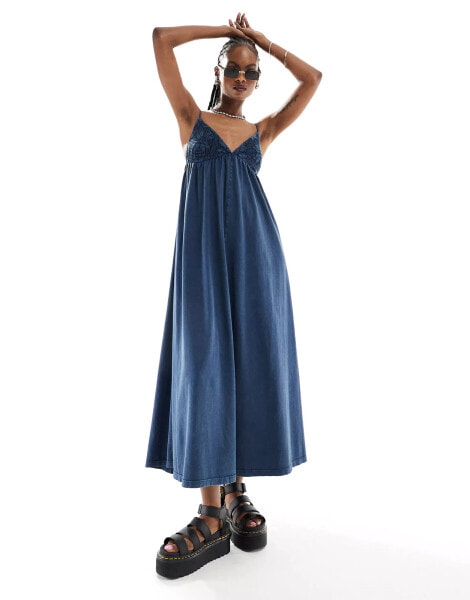 ASOS DESIGN strappy v neck crochet maxi skater dress in indigo