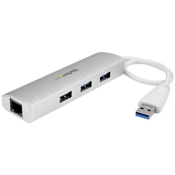 StarTech.com 3-Port Portable USB 3.0 Hub plus Gigabit Ethernet - Built-In Cable - Wired - USB - Ethernet - 5000 Mbit/s - Silver,White