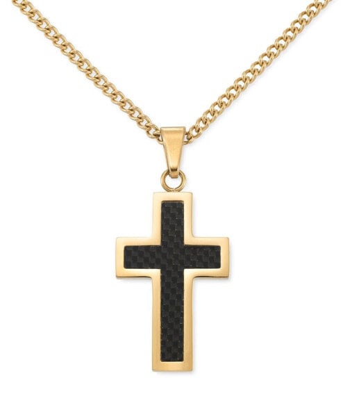 Black Carbon Fiber Cross 24" Pendant Necklace in Gold-Tone Ion-Plated Stainless Steel