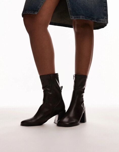 Topshop Penny round toe block heeled ankle boots in washed brown