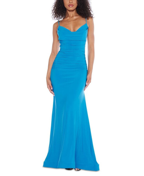 Juniors' Ruched Cowlneck Gown