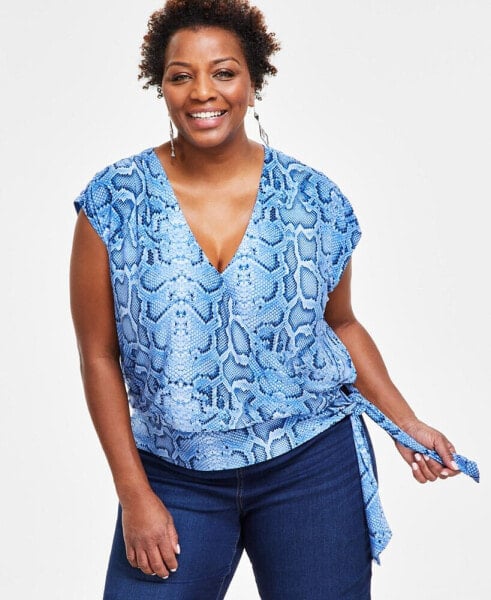 Plus Size Snakeskin-Print Surplice Top, Created for Macy's
