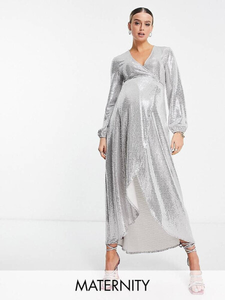 Flounce London Maternity – Langärmliges Maxi-Wickelkleid in funkelndem Metallic-Silber