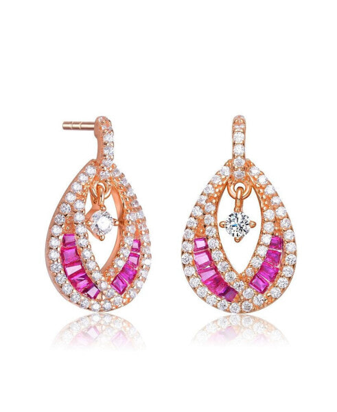 Sterling Silver 14K Gold Plated, 18K Rose Gold Plated and White Gold Plated Ruby Baguette and Clear Round Cubic Zirconia Pear Drop Earrings