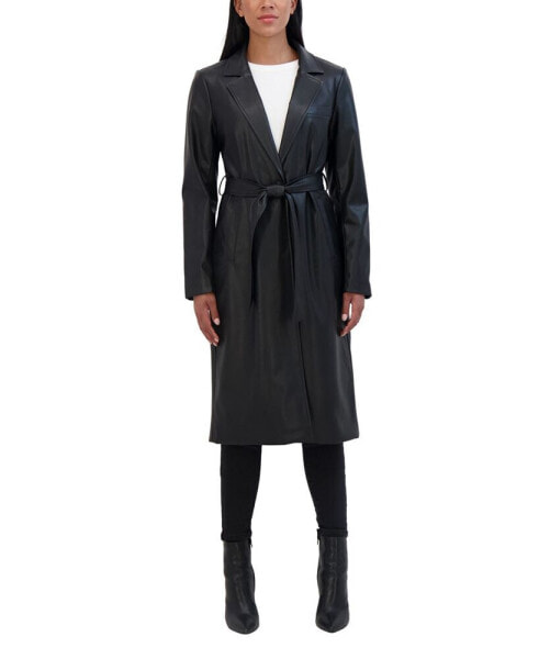 Women's Belted Snap Front Faux Leather Long Trench Coat