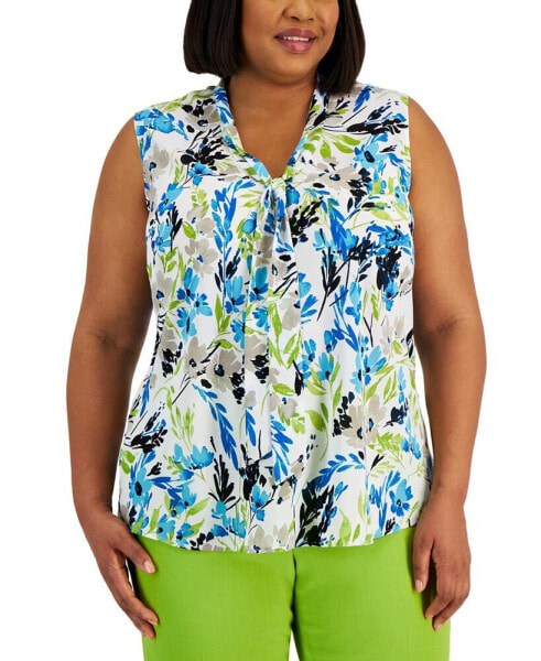 Plus Size Floral Tie-Neck Sleeveless Blouse