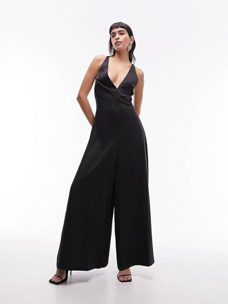 Topshop lattice back wide leg jumpsuit in black