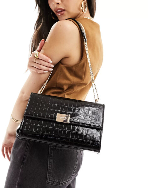 Dune glossy moc croc shoulder bag in black