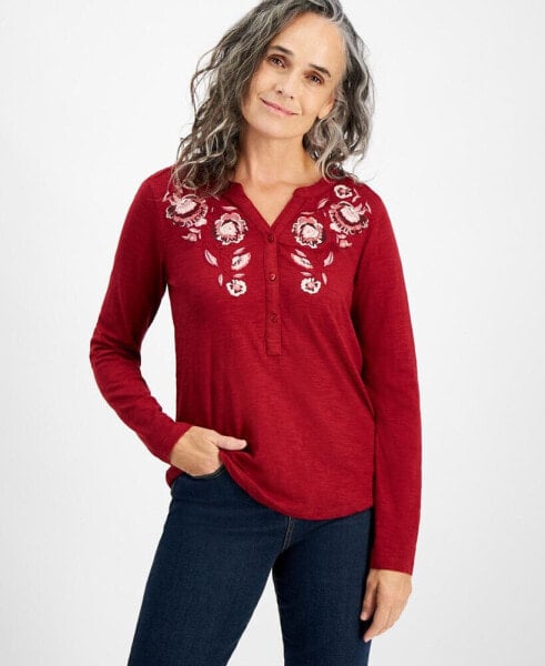 Women's Cotton Floral-Embroidered Long-Sleeve Top, Created for Macy's