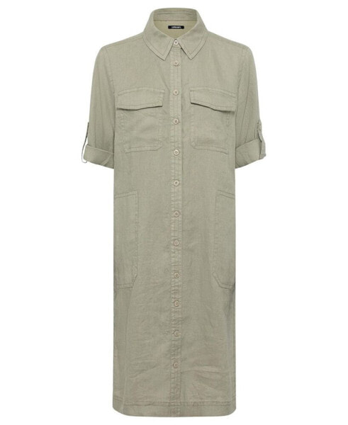 Women's 100% Linen 3/4 Sleeve Dress with Rolled Sleeve Tab Detail