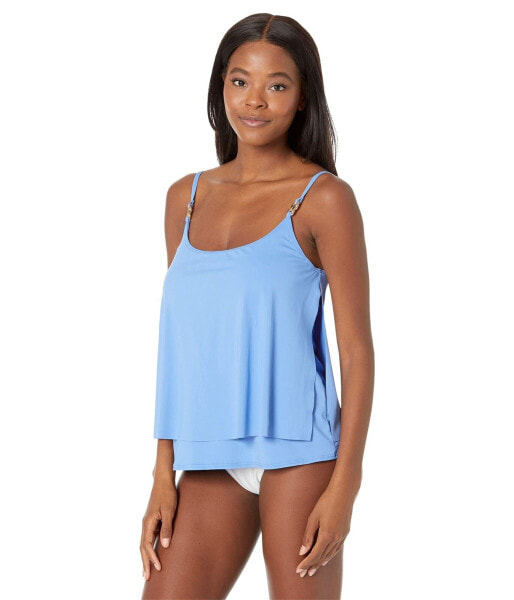 Michael Kors 306979 Womens Iconic Solids Double Layer Tankini Top Crew Blue MD