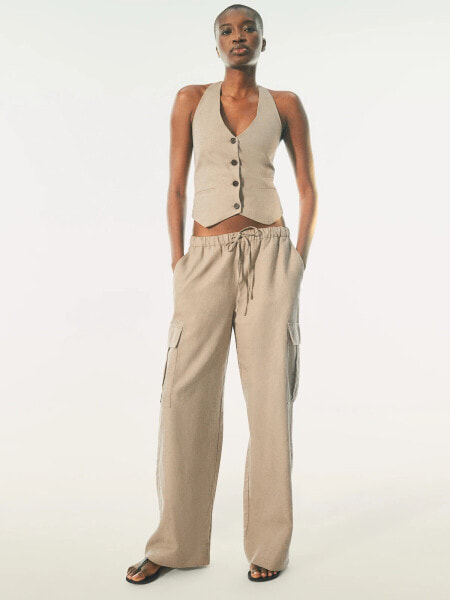 Mid Rise Linen-Cotton Pull-On Cargo Pants