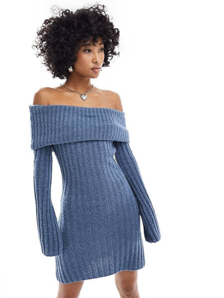 COLLUSION knitted bardot mini dress in petrol blue