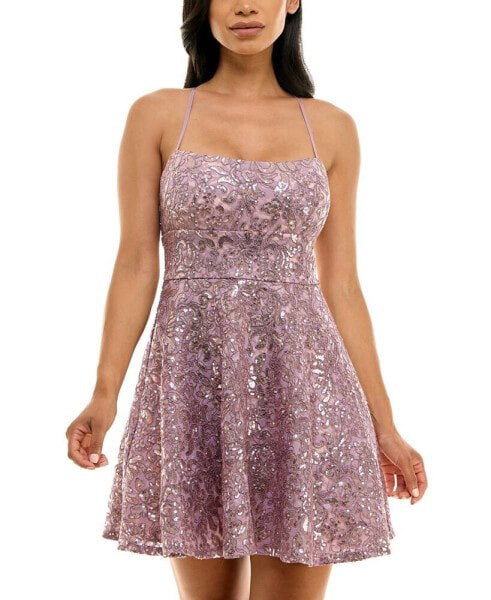 Juniors' Sequined Lace Fit & Flare Dress