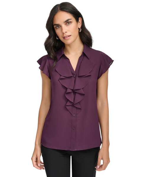 Women's Collared Ruffled Short-Sleeve Blouse