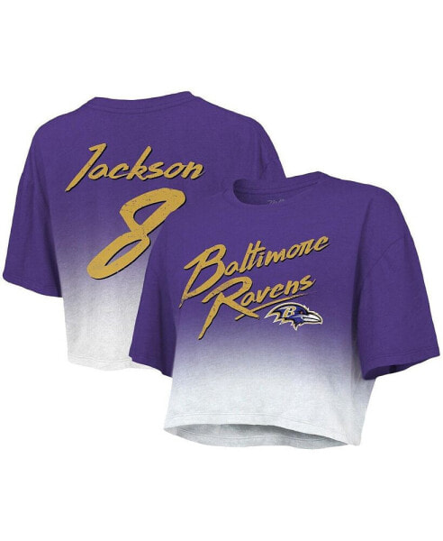 Футболка для женщин от Majestic с изображением Lamar Jackson Baltimore Ravens - фиолетовая, белая, с капельным окрасом, с фамилией и номером игрока, нарезанная.