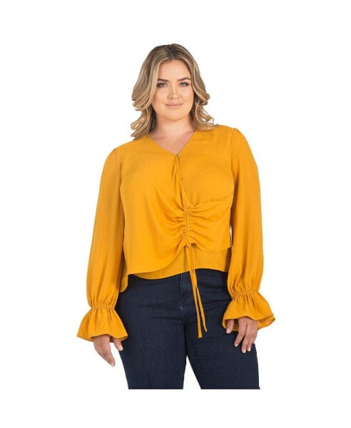 Plus Size Long Flute Sleeve Surplice Neckline Wrap Blouse