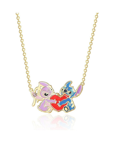 Disney lilo and Stitch Yellow Gold Plated Stitch and Angel Enamel Heart Necklace - 18'' Chain, Officially Licensed
