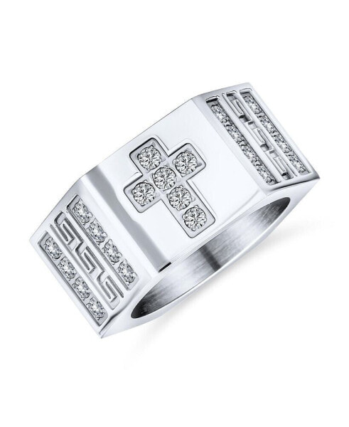 Religious Wide 6 Side Mens Christian Greek Key Cubic Zirconia CZ Accent Cross Statement Ring Band For Men Stainless Steel