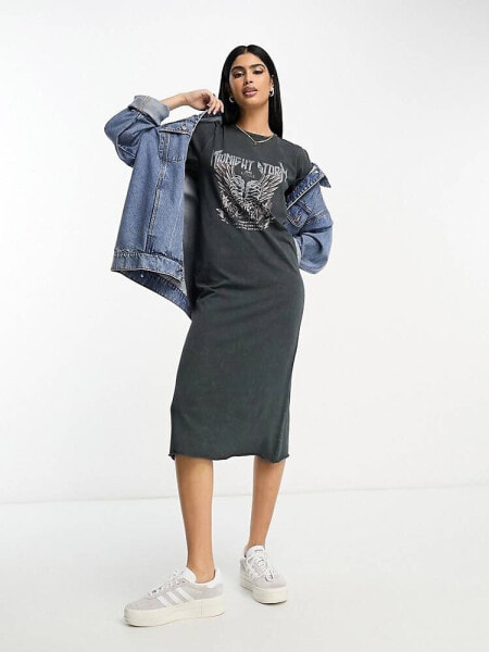 ASOS DESIGN midi t-shirt dress with gothic graphic in washed charcoal 