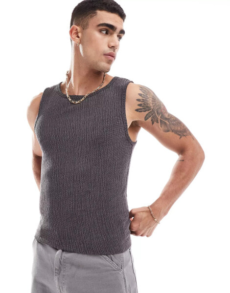 ASOS DESIGN muscle fit vest in textured crepe in grey