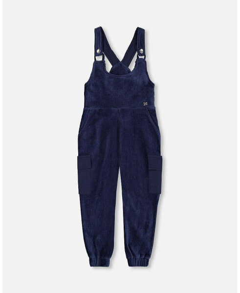 Big Girls Velvet Stretch Cargo Overalls Navy