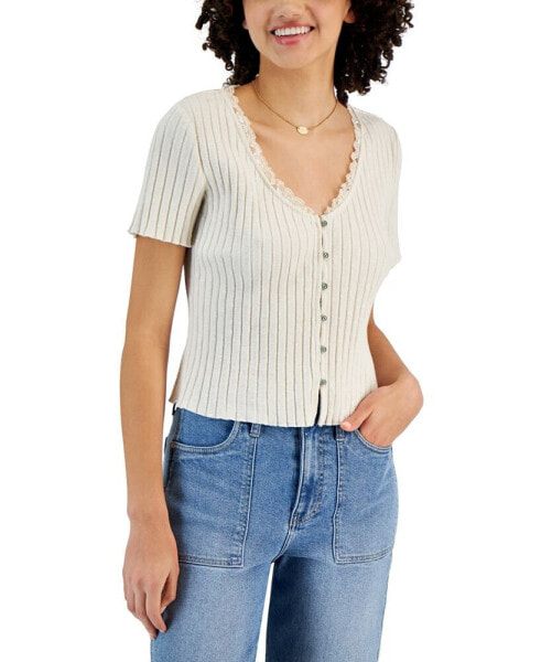Women's Lace-Trim Short-Sleeve Rib-Knit Top, Created for Macy's