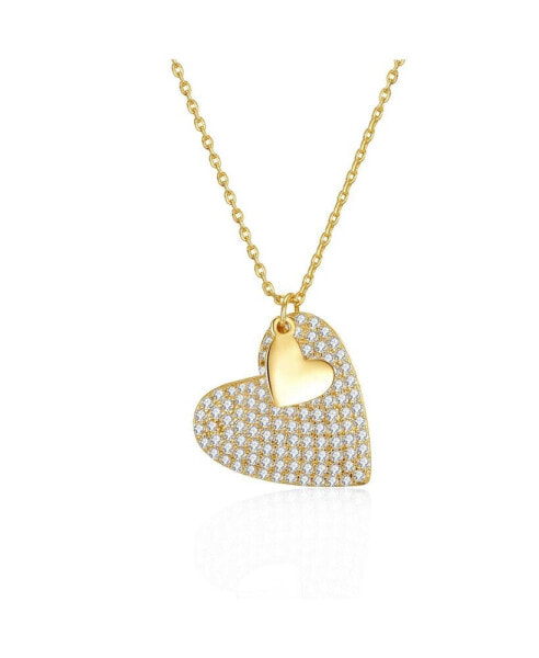 Sterling Silver 14k Yellow Gold Plated with Cubic Zirconia Pave Double Dangle Heart Charm Pendant Layering Necklace