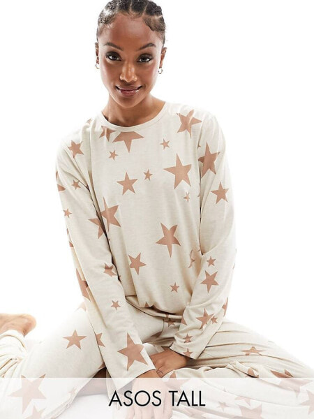 ASOS DESIGN Tall viscose star long sleeve top & trouser pyjama set in cream