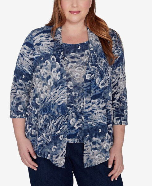 Plus Size Classic Animal Melange Two In One Top With Necklace