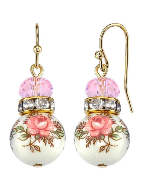 Gold Tone Lt. Rose Pink and Floral Beaded Drop Earrings
