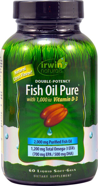 Irwin Naturals Double Potency Fish Oil Pure Natural Citrus Чистый рыбий жир с витамином D 60 жидких капсул