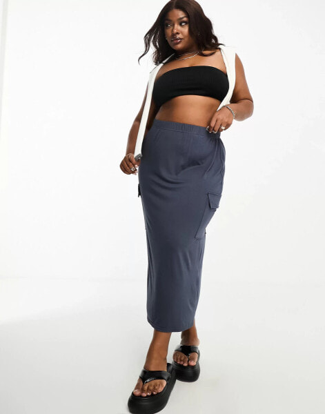 Yours cargo jersey midi skirt in washed blue