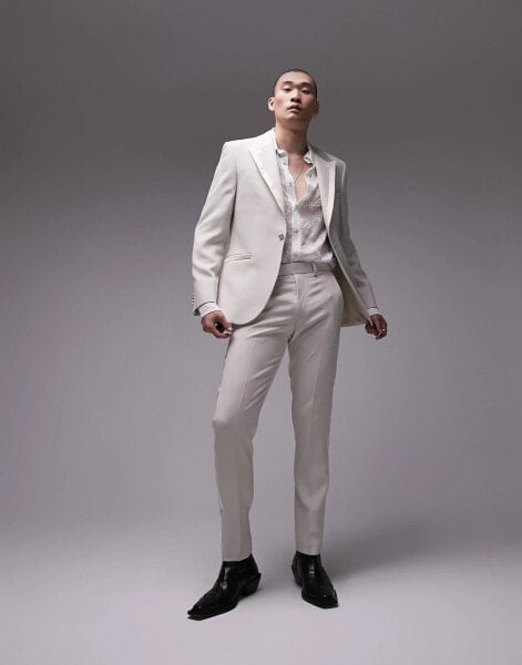 Topman slim tux with side stripe suit trouser in stone