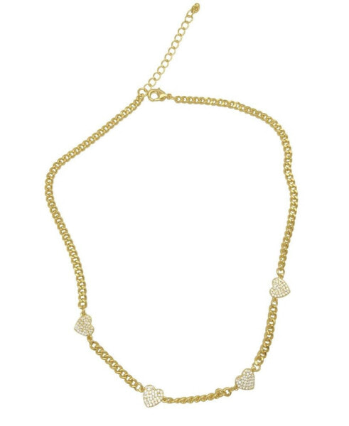 16.5-2.5" Adjustable 14K Gold Plated Curb Chain with Crystal Hearts Necklace