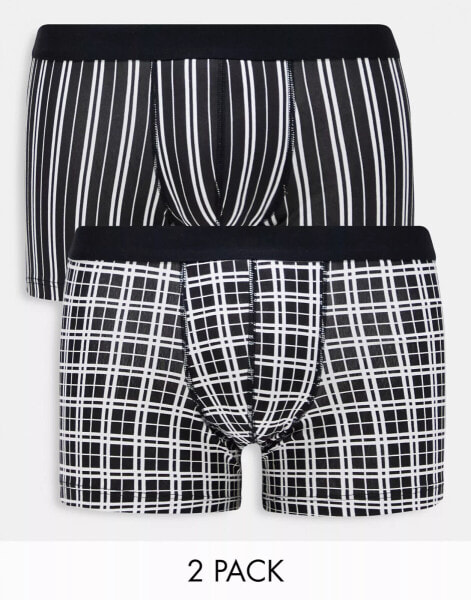 ASOS DESIGN 2 pack jersey trunks in black check and stripe